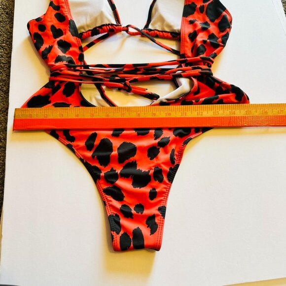 Leopard Print Plunging V-Neck Lace Up Swimsuit Small Red Orange Animal High Cut - Picture 11 of 14